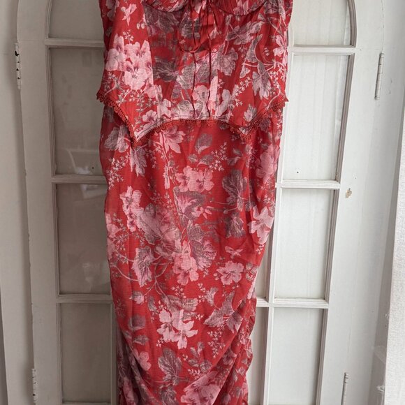 NWT ASOS Off The Shoulder Satin Corset Chiffon Ruched Midi Dress in Red - Picture 10 of 10